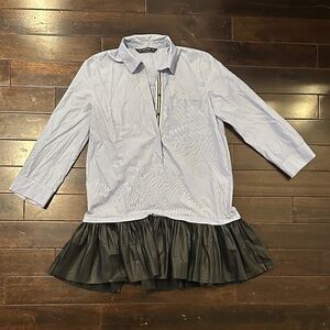 Blue and Black Shirt with Ruffle Hem